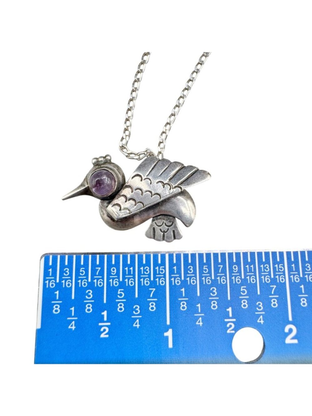 Vintage 1930s Mexican Modernist Bird Pendant Sterling w/ Amethyst Eye Signed ER - Picture 6 of 9